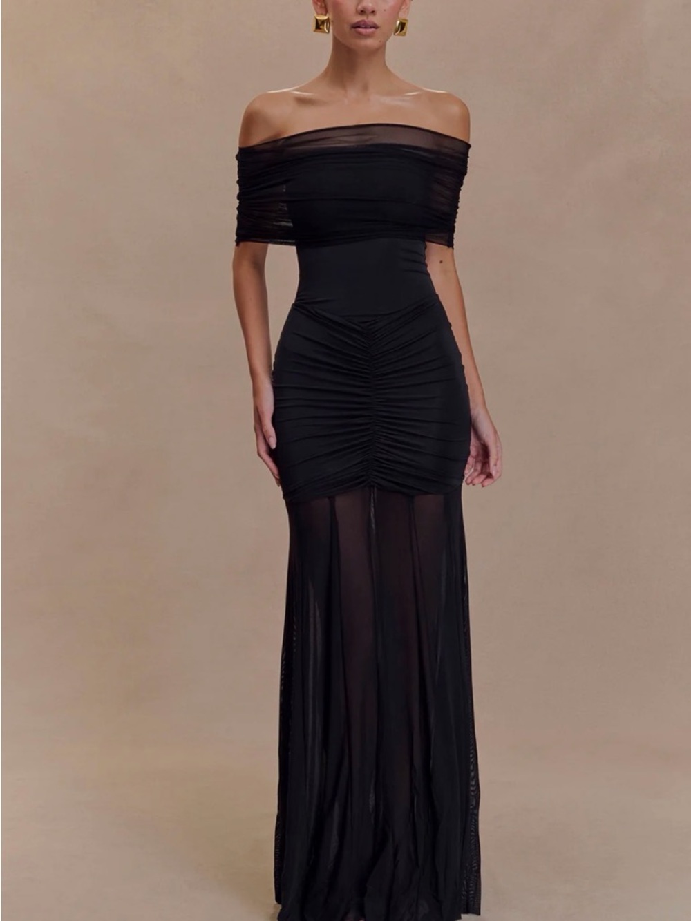 Off-Shoulder Black Ruched Mesh Evening Dress